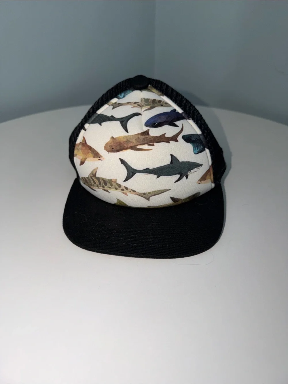 Knuckleheads Kids Shark Print Trucker Hat - Black Brim XS 6-12m